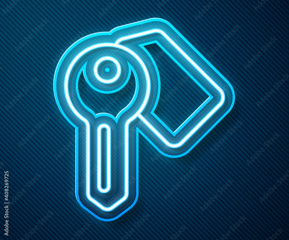 Glowing neon line Hotel door lock key icon isolated on blue background. Vector.