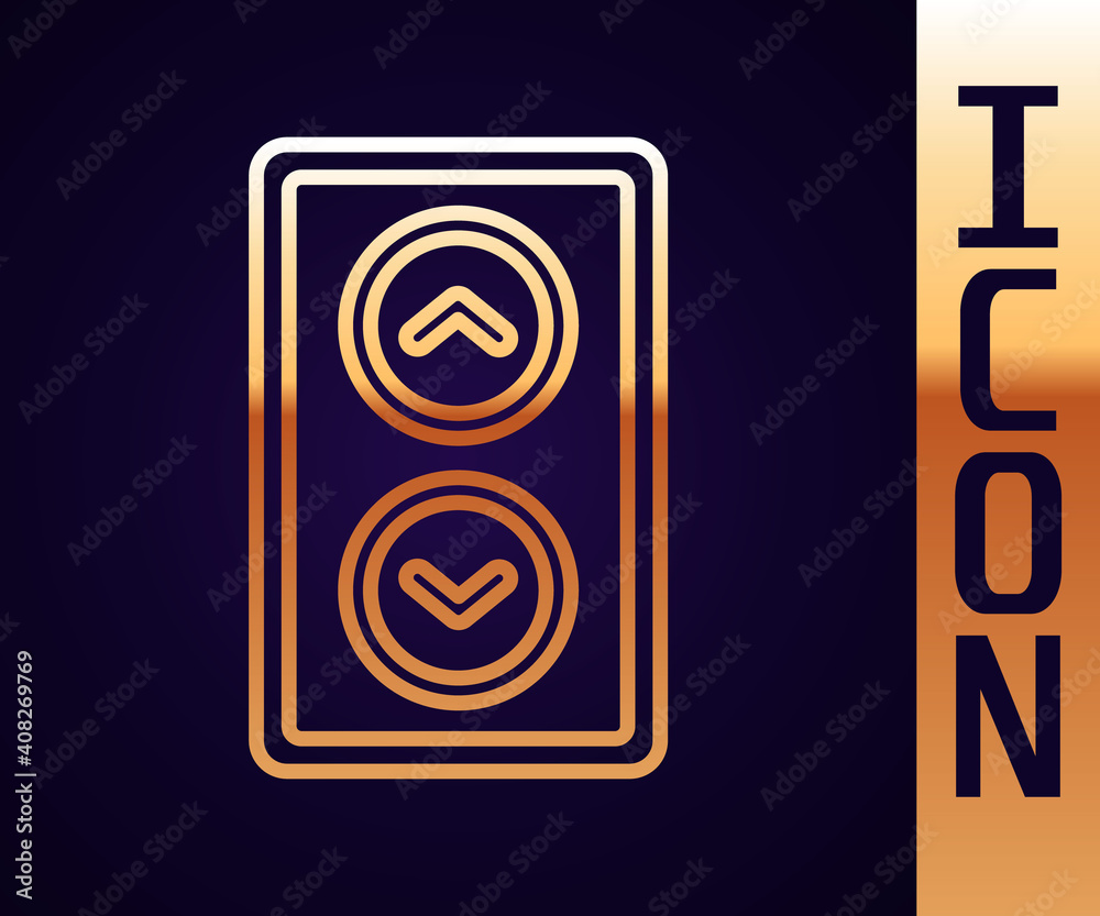 Gold line Lift icon isolated on black background. Elevator symbol. Vector.