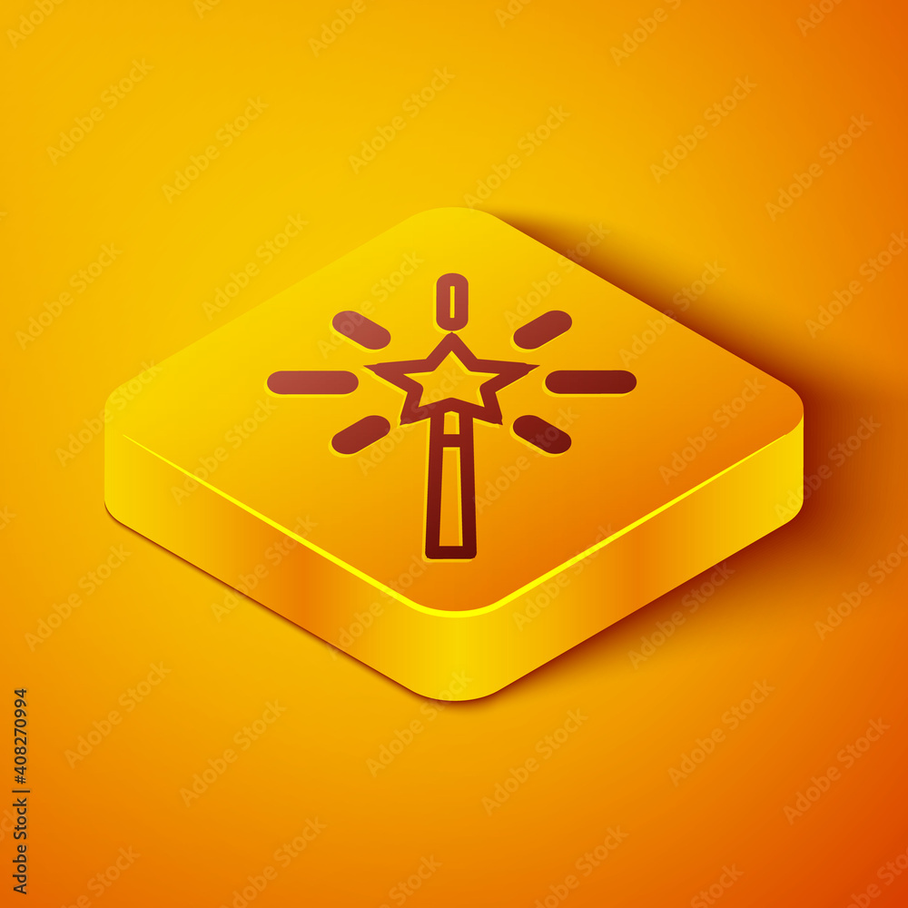 Isometric line Magic wand icon isolated on orange background. Star shape magic accessory. Magical po