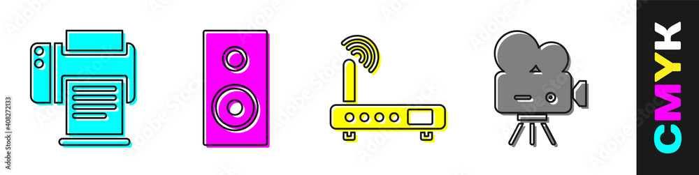 设置打印机、立体声扬声器、路由器和wi-fi信号以及复古影院摄像机图标。矢量。