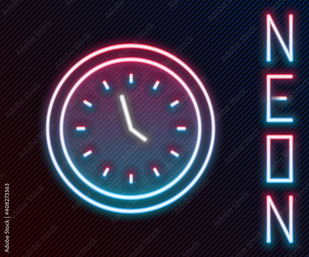 Glowing neon line Clock icon isolated on black background. Time symbol. Colorful outline concept. Ve