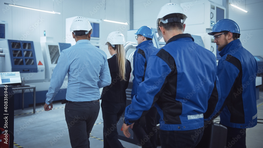 Female Chief Project Manager, Team of Engineers, Workers, Safety, Control Inspector Wearing Hardhats