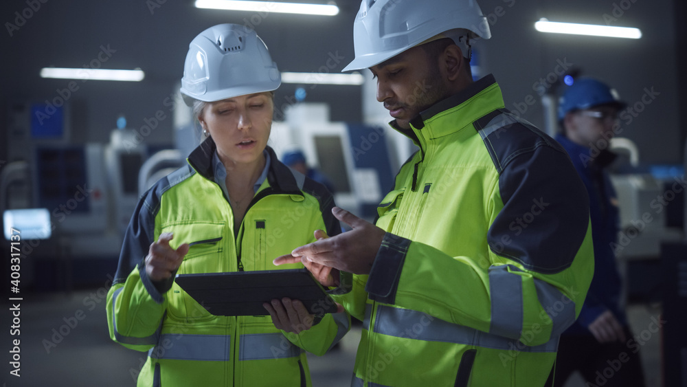 Chief Engineer and Project Manager Wearing Safety Vests and Hard Hats, Use Digital Tablet Computer i