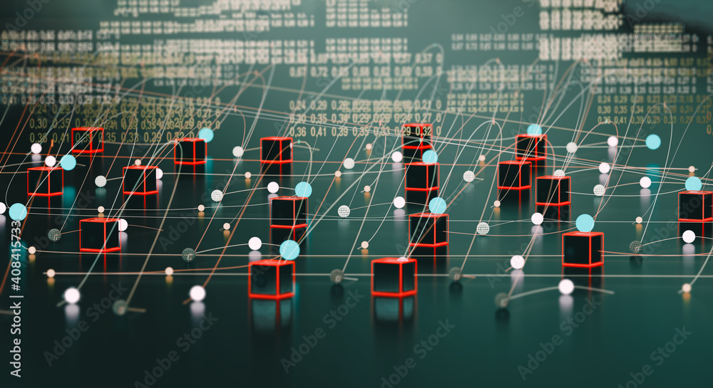 Fondo tecnológico y científico. Ingeniería informática y concepto de cadena de bloques. Big data y c