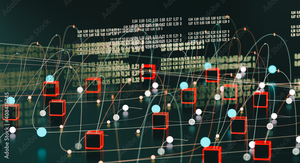 Fondo tecnológico y científico. Ingeniería informática y concepto de cadena de bloques. Big data y c