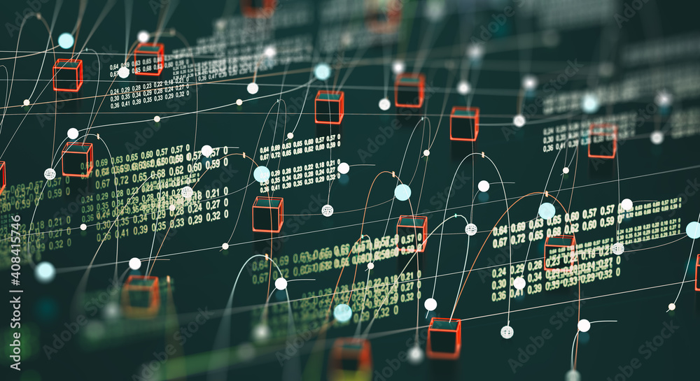 Fondo tecnológico y científico. Ingeniería informática y concepto de cadena de bloques. Big data y c