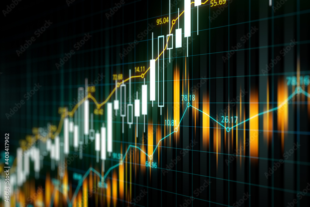 Glowing digital stock chart with index grid.