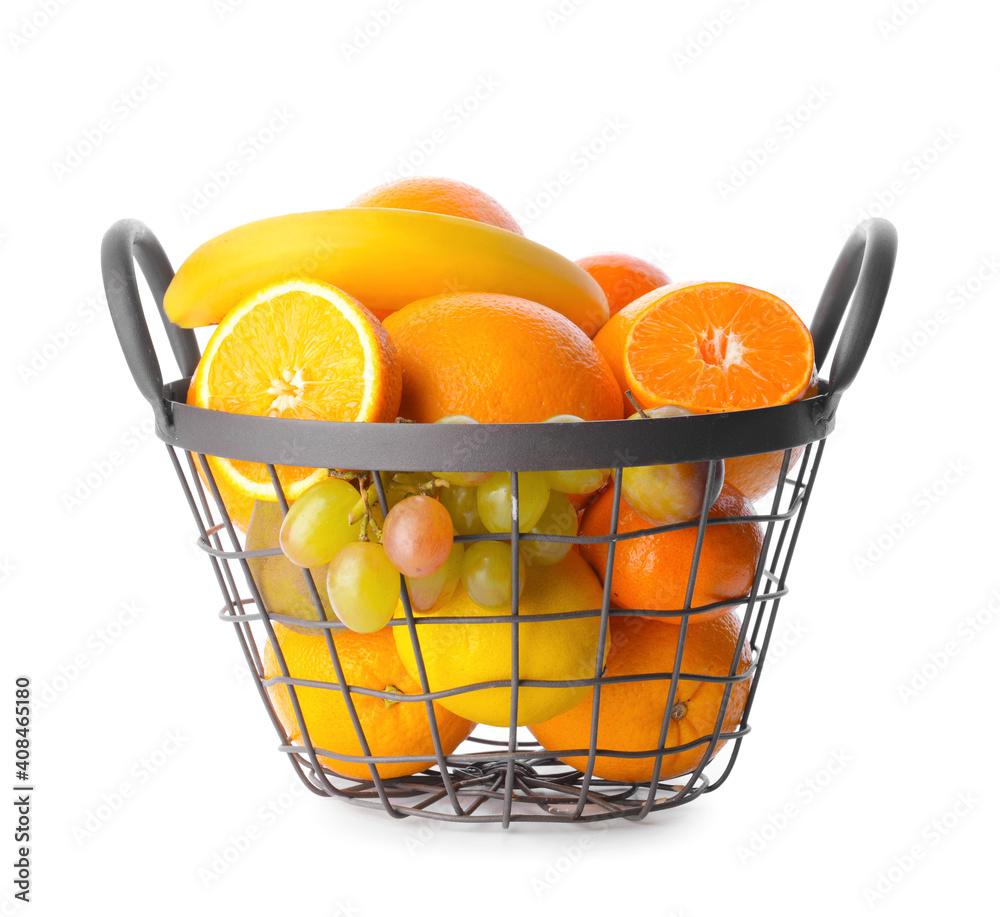 Basket with different fruits on white background