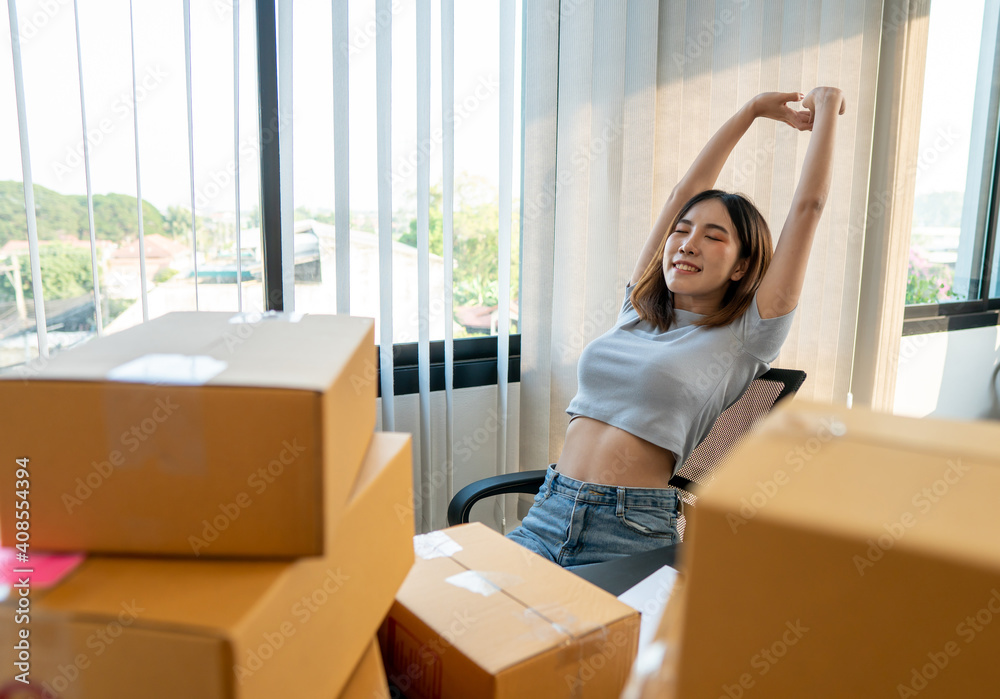 Successful Woman Entrepreneur With Parcel Boxes In Her Own Job Shopping Online Business At Home