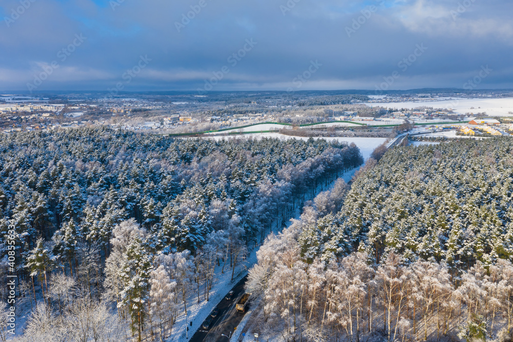 波兰冬季穿过雪地森林的公路空中景观。