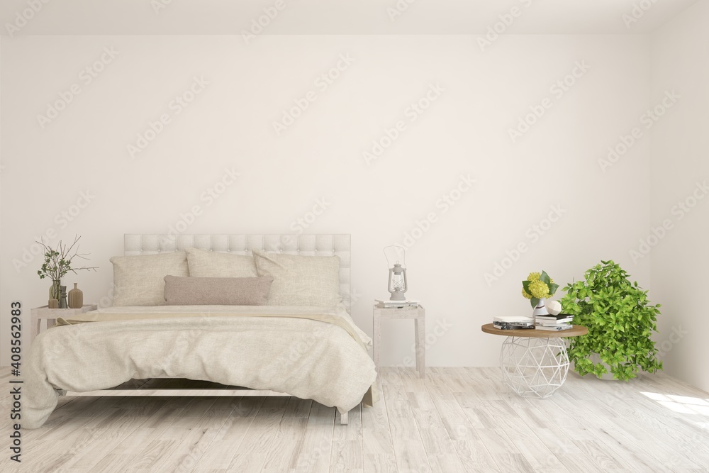 White bedroom interior. Scandinavian design. 3D illustration