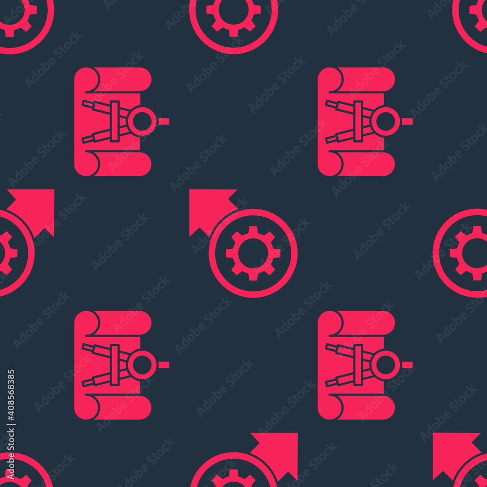 Set Graphing paper and compass and Gear and arrows as workflow process on seamless pattern. Vector.