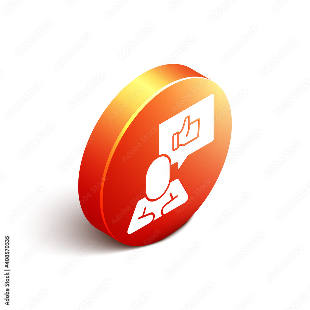 Isometric Hand like icon isolated on white background. Orange circle button. Vector.