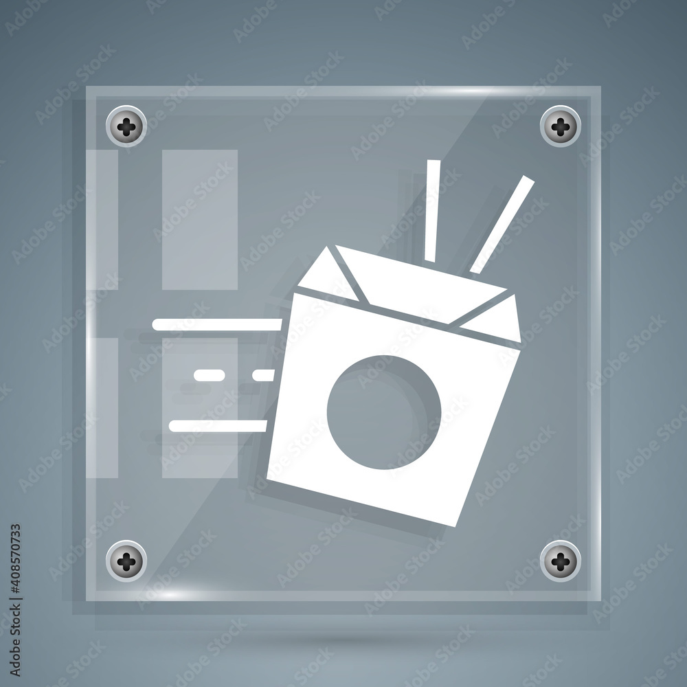 White Online ordering and noodles delivery icon isolated on grey background. Square glass panels. Ve