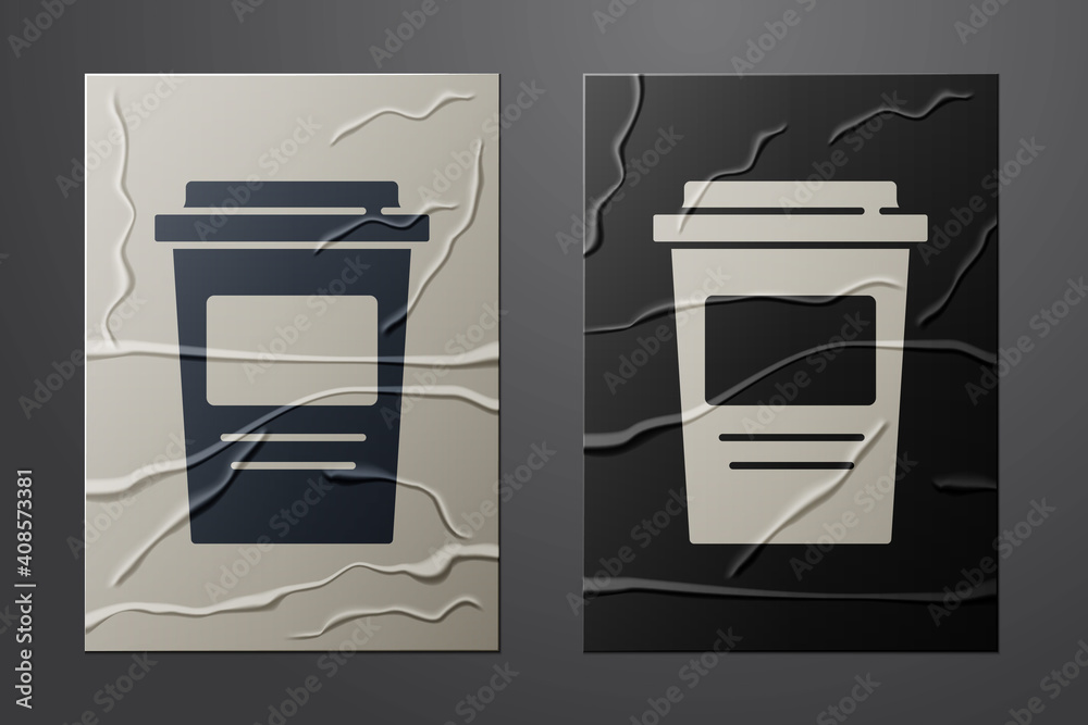 White Coffee cup to go icon isolated on crumpled paper background. Paper art style. Vector.