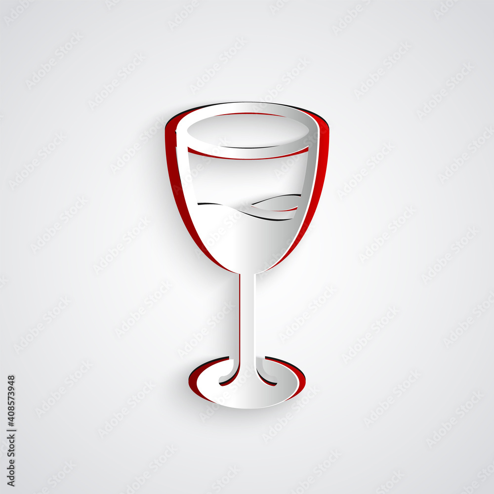 Paper cut Wine glass icon isolated on grey background. Wineglass sign. Paper art style. Vector.