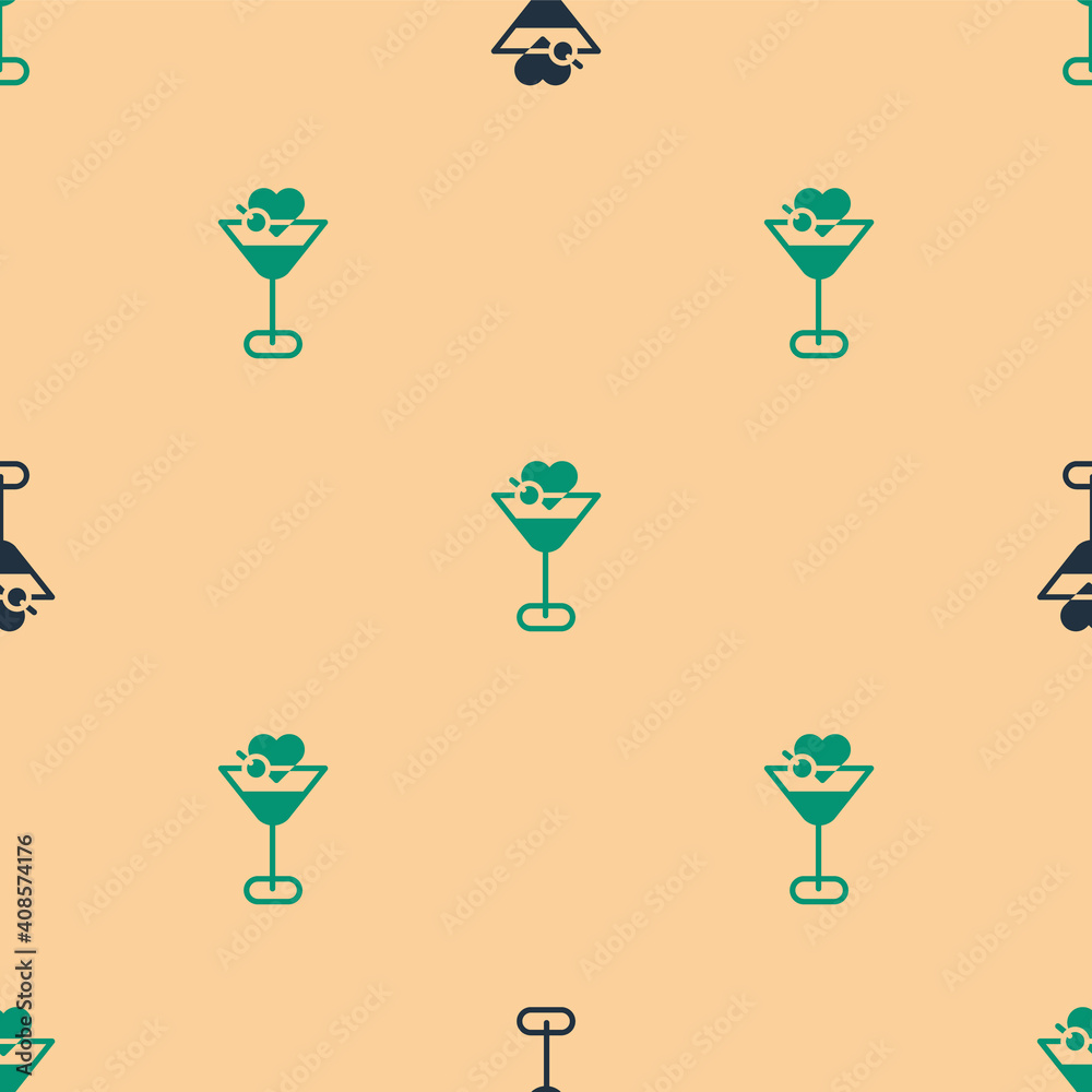 Green and black Martini glass icon isolated seamless pattern on beige background. Cocktail icon. Win