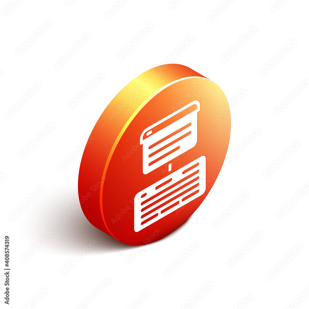 Isometric Server, Data, Web Hosting icon isolated on white background. Orange circle button. Vector.