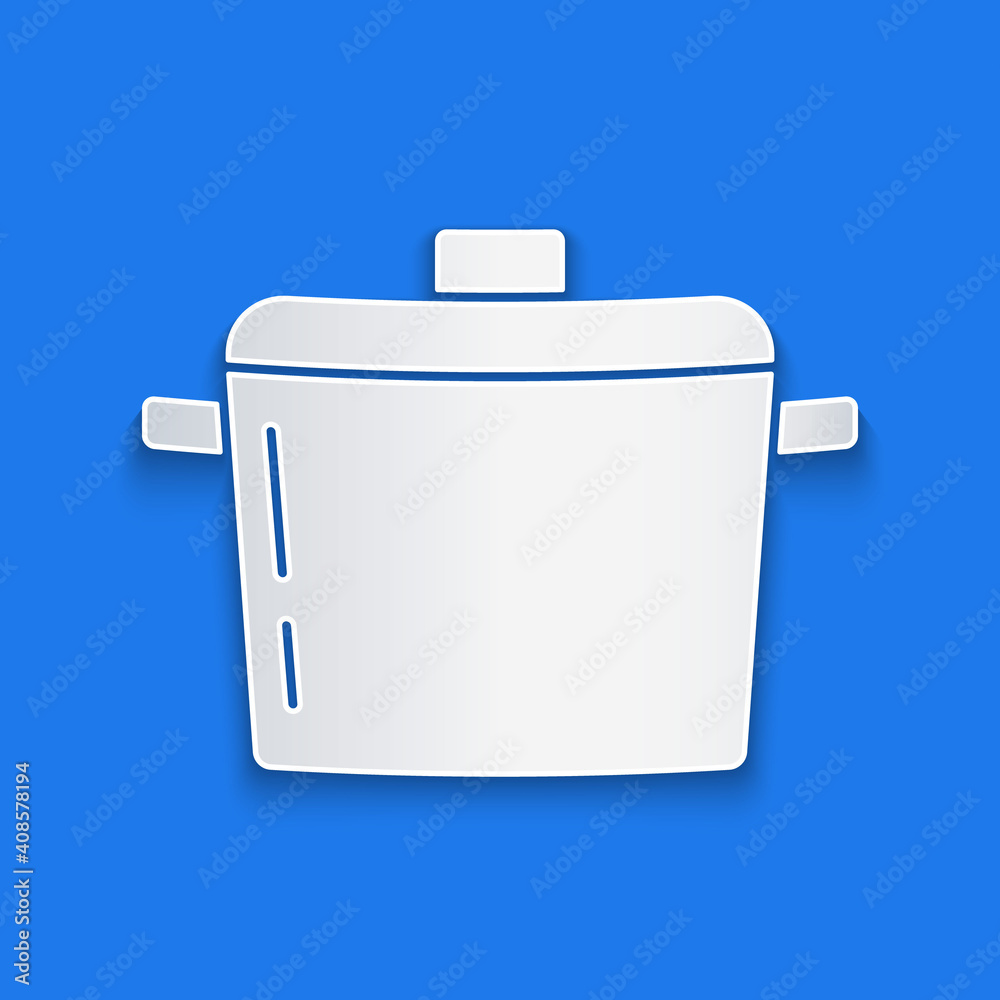 Paper cut Cooking pot icon isolated on blue background. Boil or stew food symbol. Paper art style. V