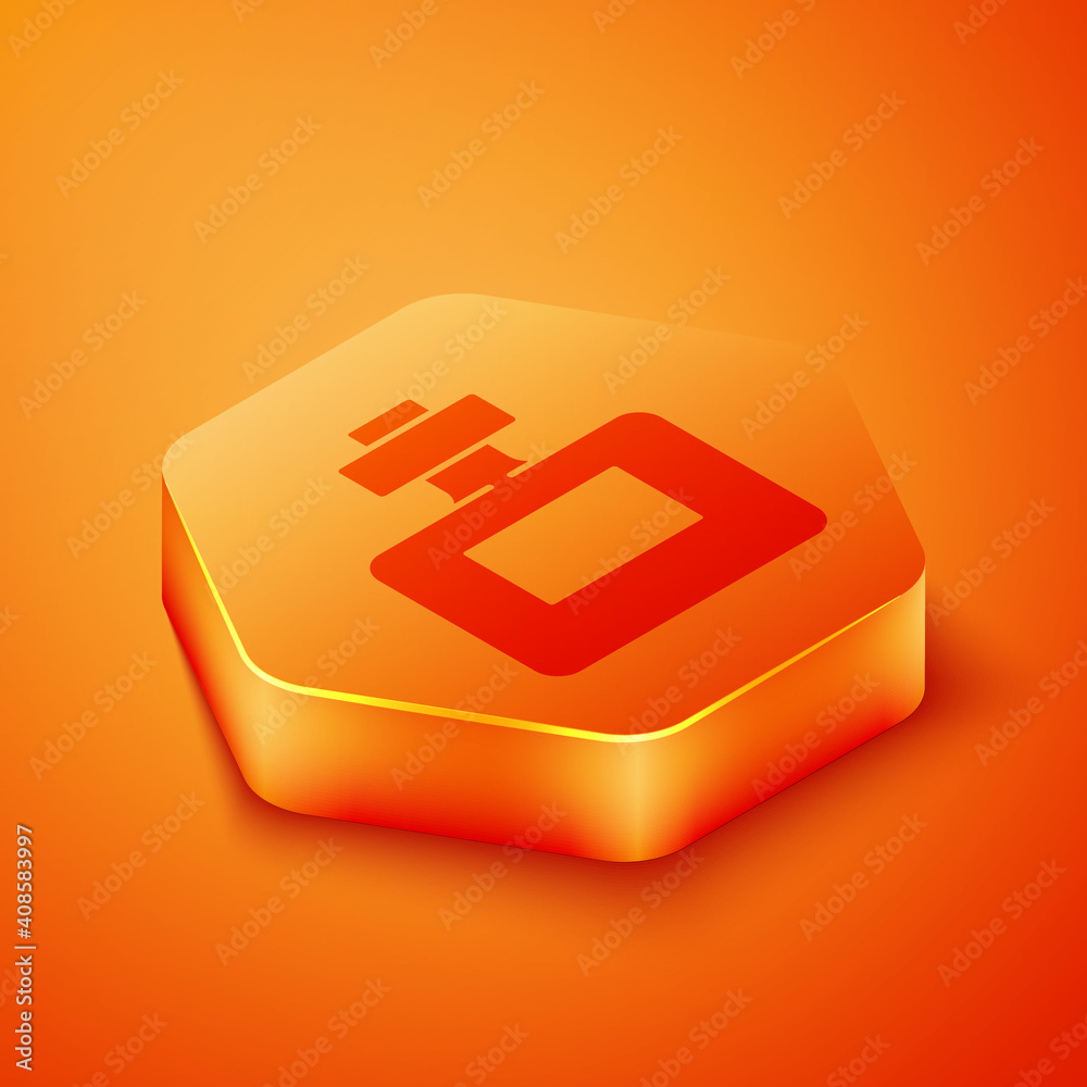 Isometric Perfume icon isolated on orange background. Orange hexagon button. Vector.