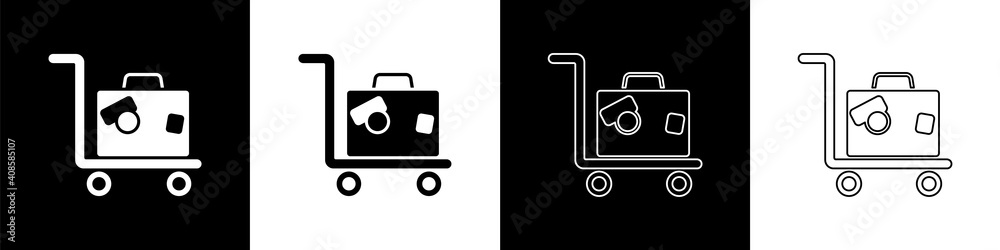 Set Hotel luggage cart with suitcase icon isolated on black and white background. Traveling baggage 