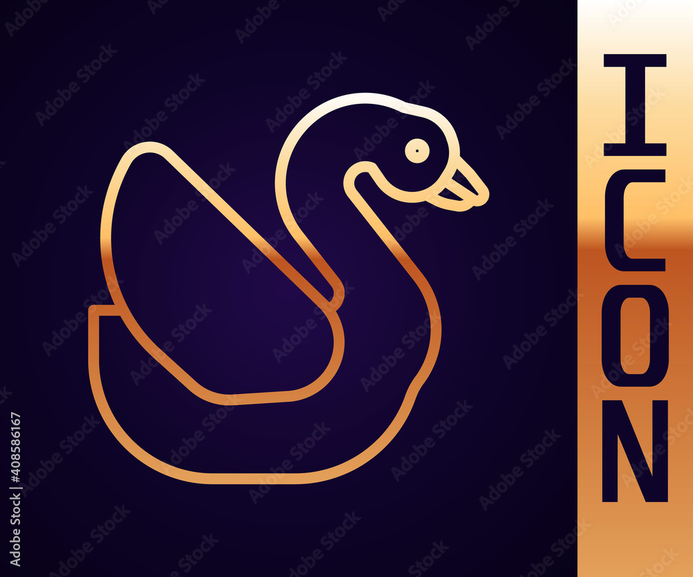 Gold line Swan bird icon isolated on black background. Animal symbol. Vector.