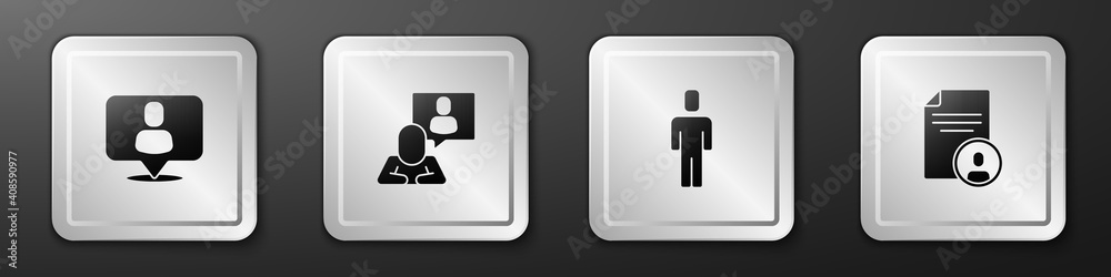 Set Head hunting, , and Resume icon. Silver square button. Vector.