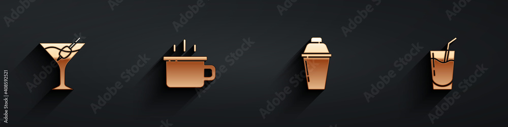 Set Martini glass, Coffee cup, Cocktail shaker and icon with long shadow. Vector.