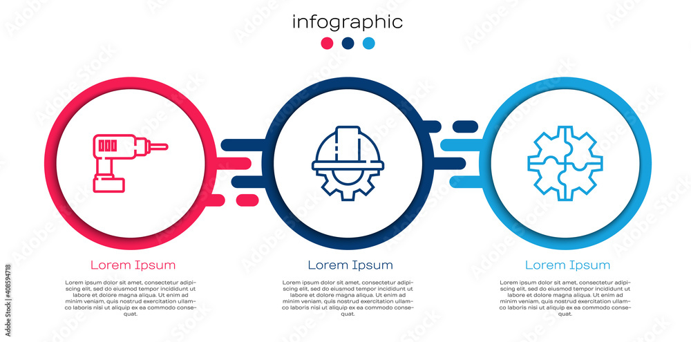 Set line Electric drill machine, Worker safety helmet and gear and Gear. Business infographic templa