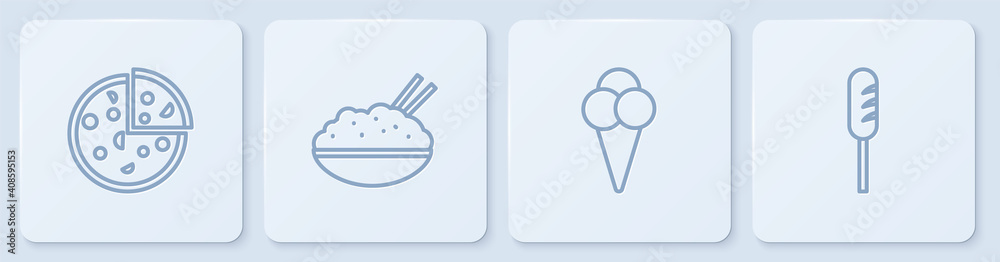 套餐披萨、华夫饼冰淇淋、筷子饭碗和炸香肠。白色方块b