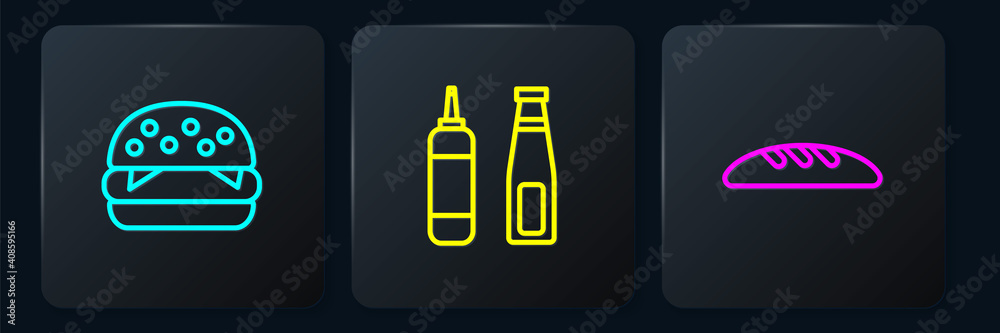 Set line Burger, Bread loaf and Sauce bottle. Black square button. Vector.