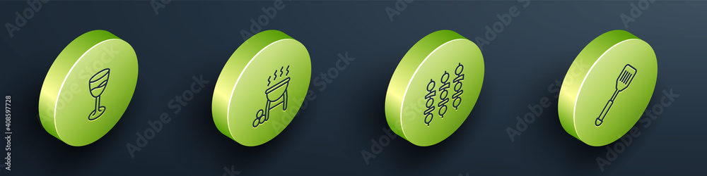 Set Isometric line Wine glass, Barbecue grill, Grilled shish kebab and Spatula icon. Vector.