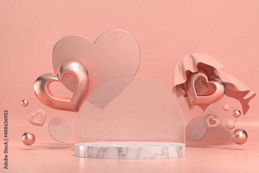 Valentines day stage podium mock up with heart product display showcase 3d rendering