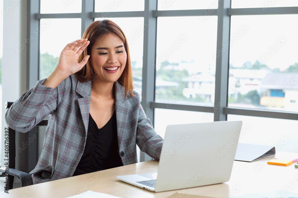 young woman happy smiling video call with friend at home. concept working stay home