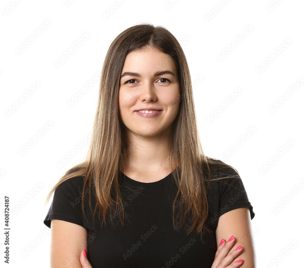 Portrait of beautiful young woman on white background