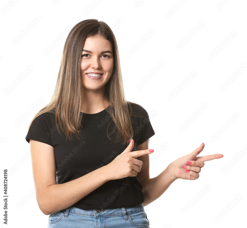 Portrait of beautiful young woman on white background