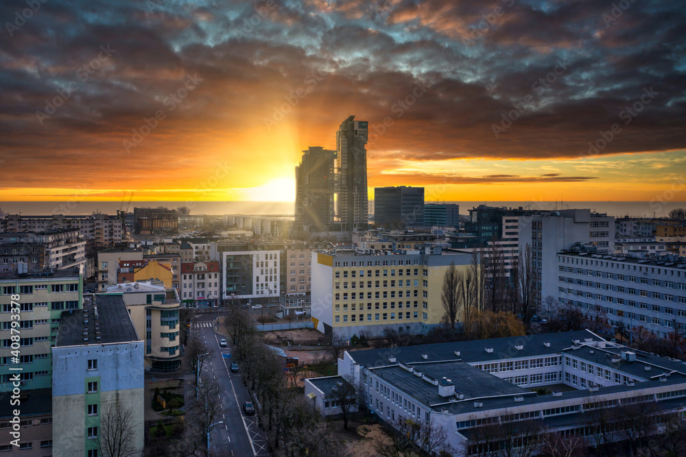 Cityscape of Gdynia by the Baltic Sea at sunrise. Poland