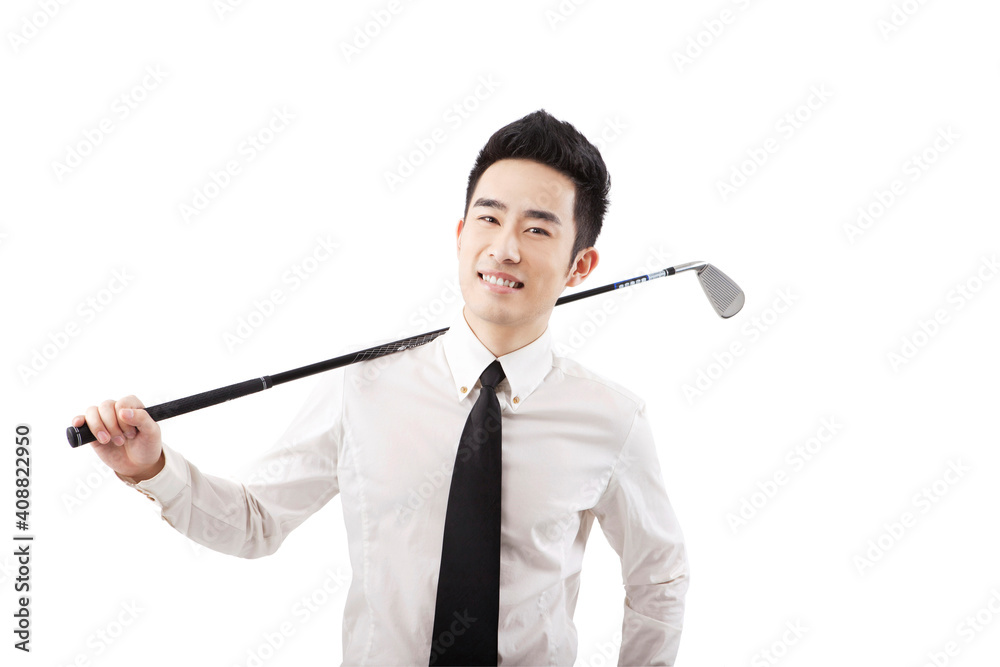 Business people holding a golf club