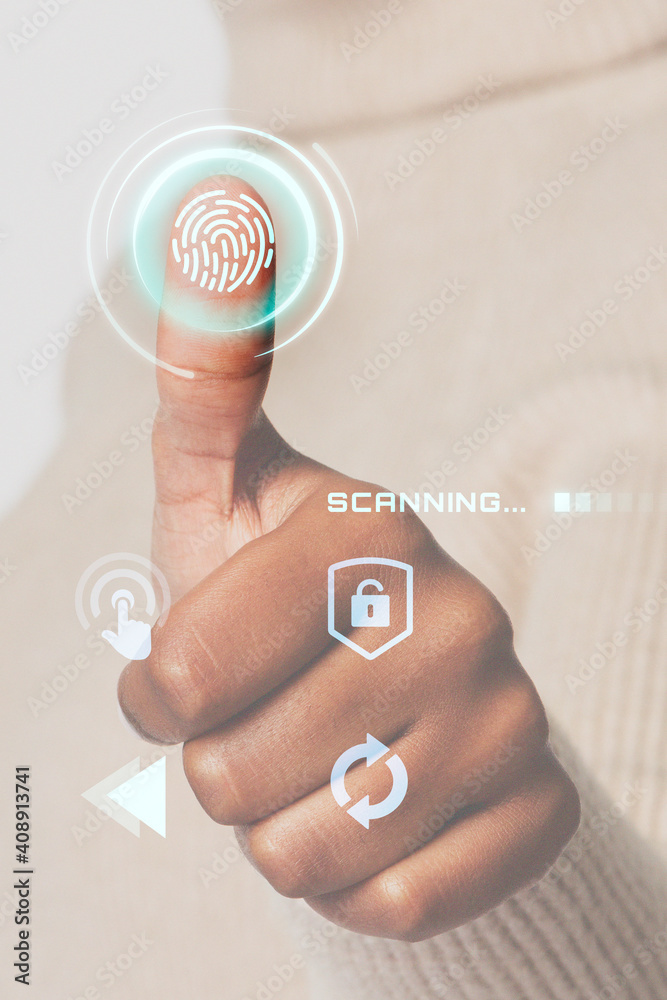 Woman scanning fingerprint with futuristic interface smart technology