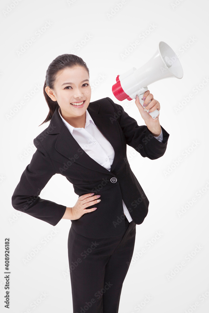 Oriental business woman using a microphone