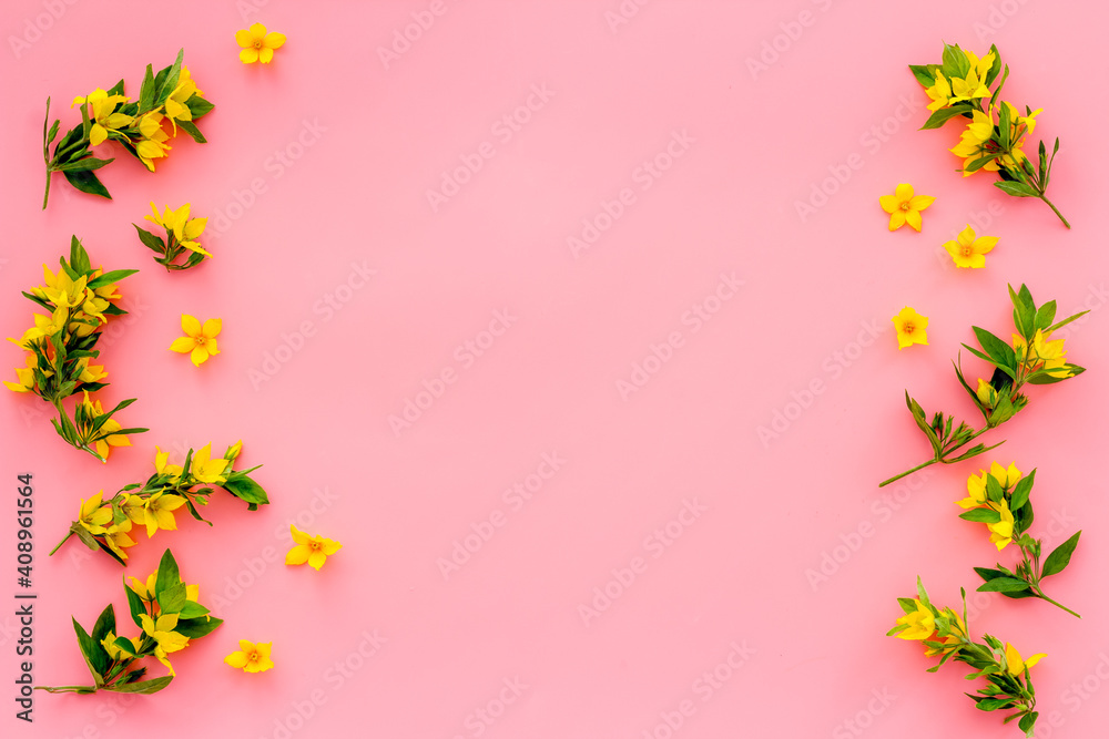 Frame of yellow flowers with leaves. Wreath of wild spring flowers