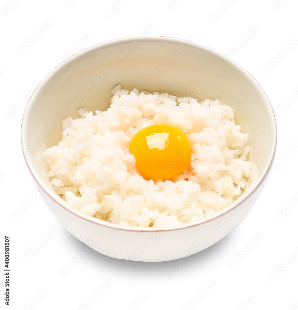 Bowl with tasty egg and rice on white background