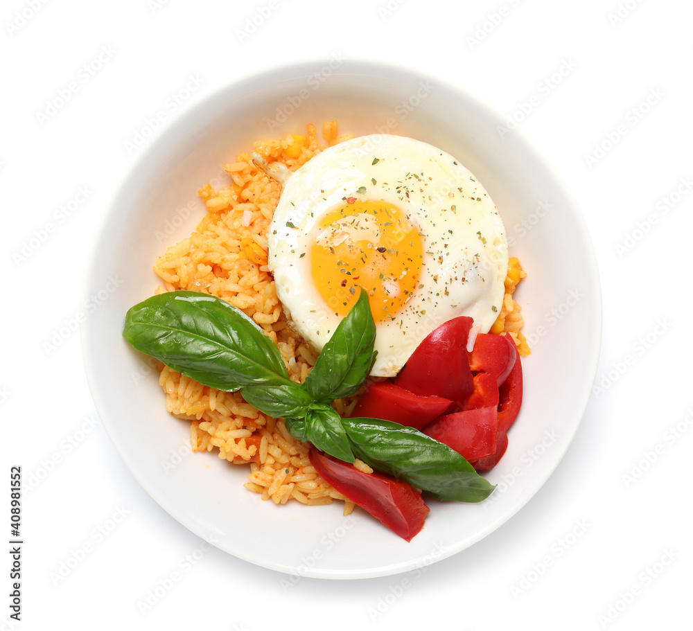 Plate with tasty egg, pepper and rice on white background