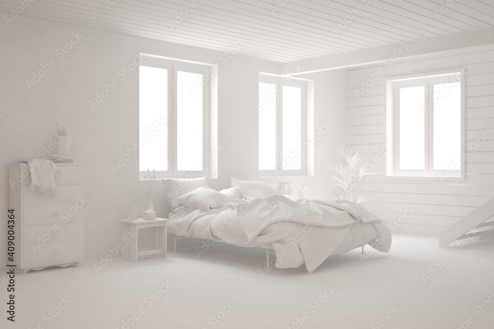 Modern bedroom in white color. Scandinavian interior design. 3D illustration