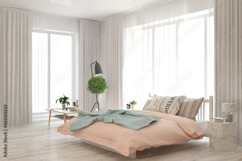 White bedroom interior. Scandinavian design. 3D illustration