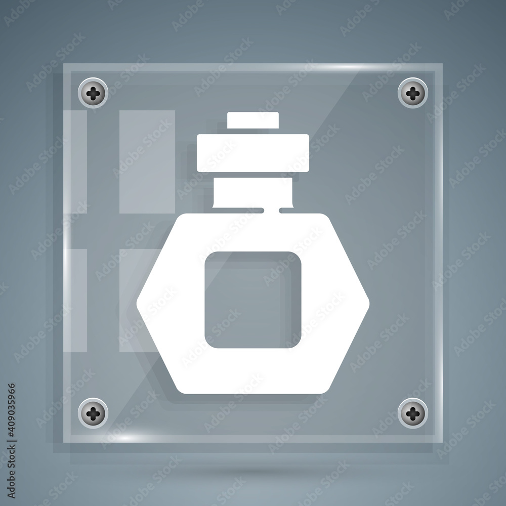 White Perfume icon isolated on grey background. Square glass panels. Vector.