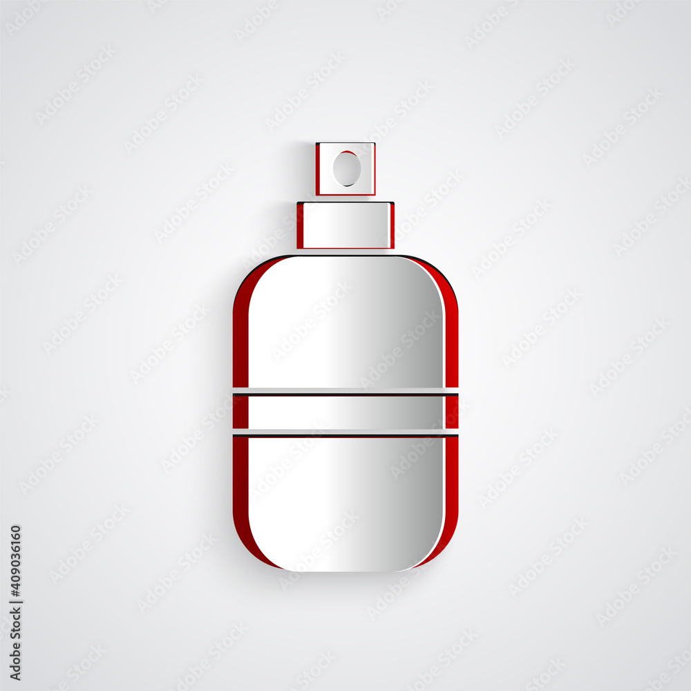 Paper cut Perfume icon isolated on grey background. Paper art style. Vector.