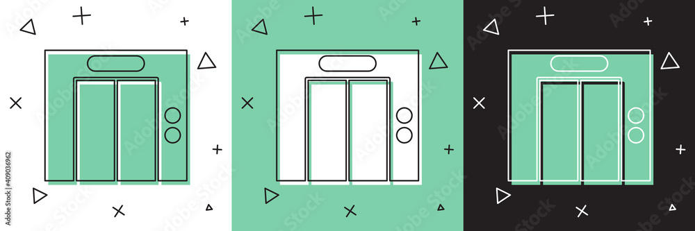 将电梯图标隔离在白色和绿色黑色背景上。电梯符号。矢量。