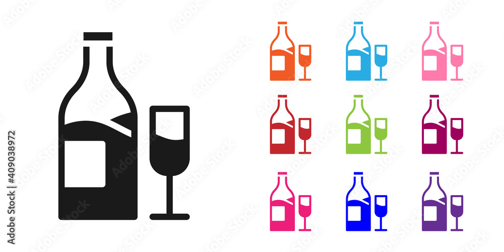 Black Wine bottle with glass icon isolated on white background. Set icons colorful. Vector.