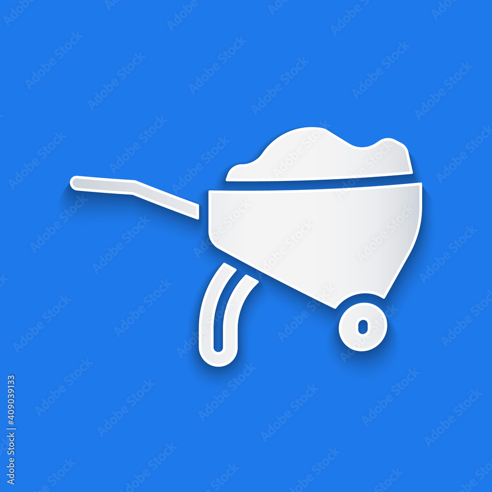 Paper cut Wheelbarrow with dirt icon isolated on blue background. Tool equipment. Agriculture cart w